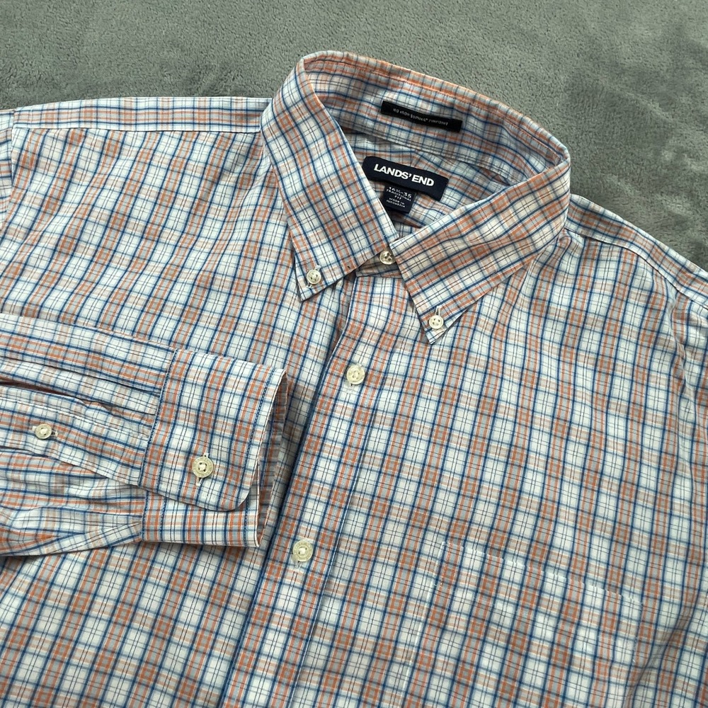 Lands End Men's Supima Pinpoint Plaid Shirt 16.5 Lg Traditional Fit Blue Orange